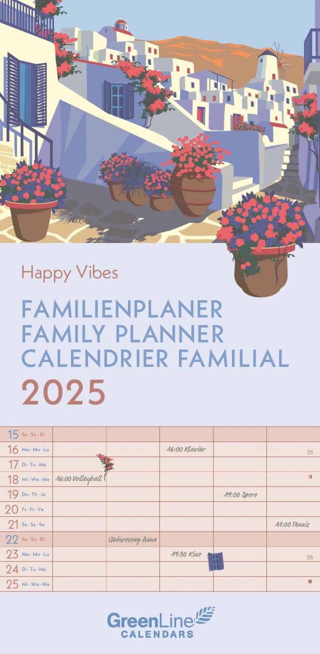 GreenLine – Happy Vibes 2025 Familienplaner, 22x45cm, Familienkalender mit effizienter Monatsaufteilung in 5 Spalten, für Familienorganisation, Schulferien und Stundenpläne, mit Spiralbindung