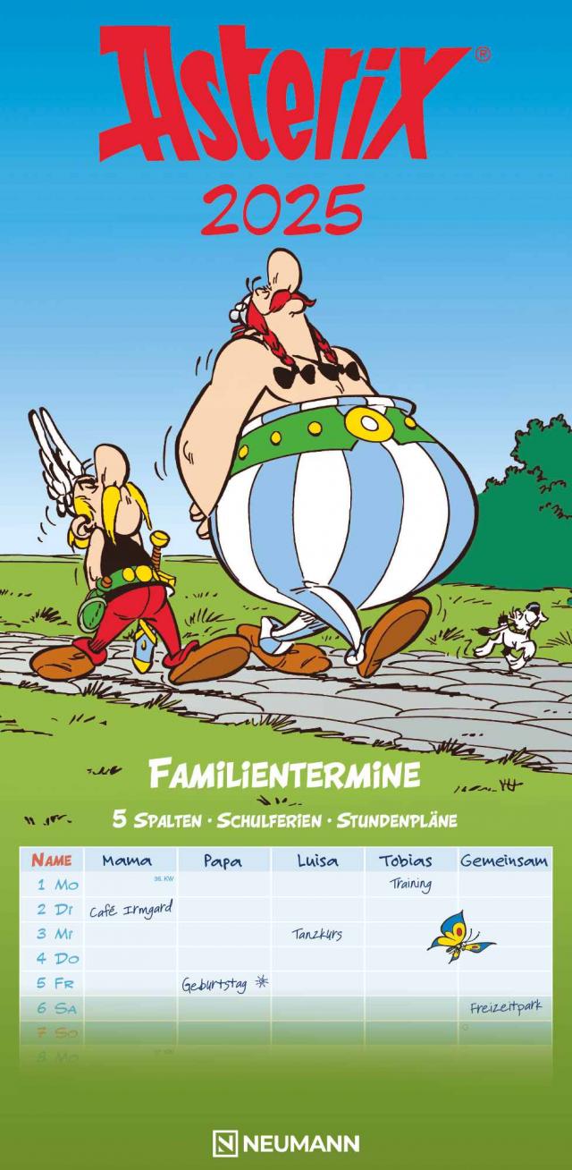 N NEUMANNVERLAGE - Asterix 2025 Familienplaner, 22x45cm, Familienkalender mit 5 Spalten für Termine und Notizen, schöne Illustrationen, Stundenpläne, Schulferien und deutsches Kalendarium
