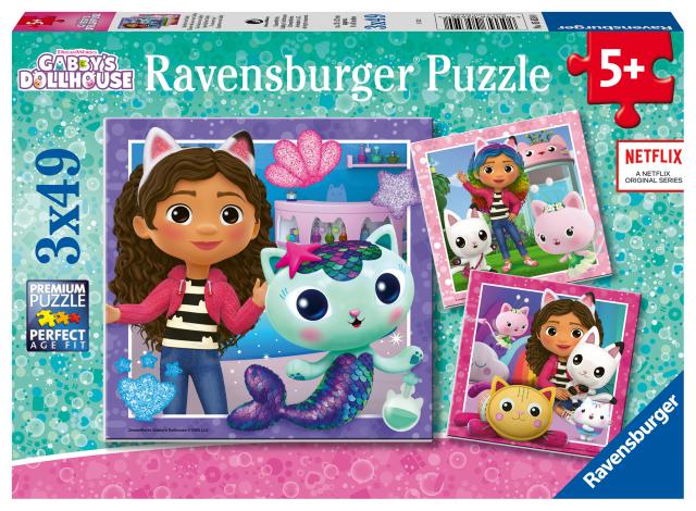 Ravensburger Kinderpuzzle 05659 - Spielzeit mit Gabby - 3x49 Teile Gabby's Dollhouse Puzzle für Kinder ab 5 Jahren