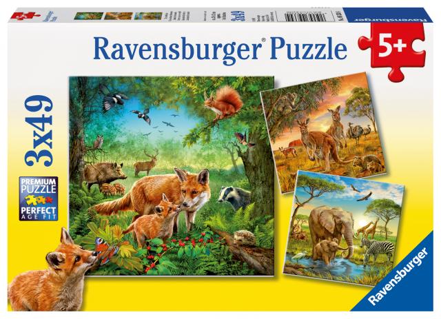 Ravensburger Kinderpuzzle - 09330 Tiere der Erde - Puzzle für Kinder ab 5 Jahren, mit 3x49 Teilen