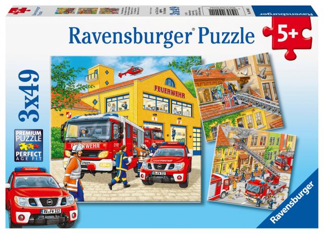 Ravensburger Kinderpuzzle - 09401 Feuerwehreinsatz - Puzzle für Kinder ab 5 Jahren, mit 3x49 Teilen