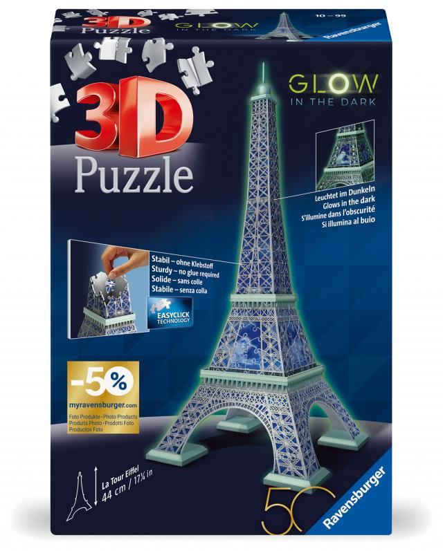 Ravensburger 3D Puzzle 11591 - Eiffelturm Glow-In-The-Dark Edition - Das Wahrzeichen aus Paris, nachleuchtend, als Geschenk oder zum selber Puzzeln in 3D ab 10 Jahren