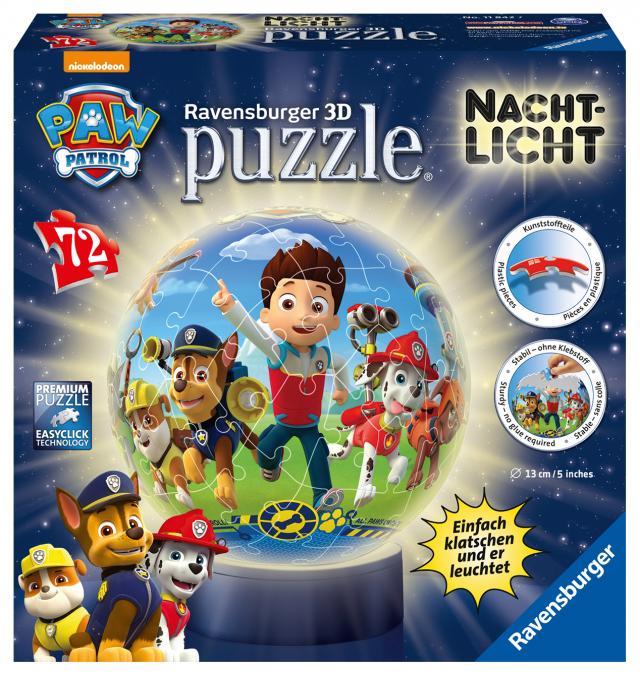 Ravensburger 3D Puzzle 11842 - Nachtlicht Puzzle-Ball Paw Patrol - ab 6 Jahren, LED Nachttischlampe mit Klatsch-Schalter