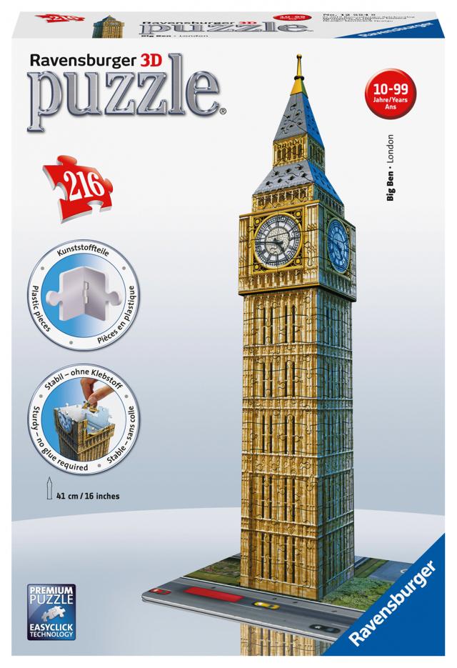 Ravensburger 3D Puzzle 12554 - Big Ben - Der weltbekannte Uhrenturm aus London, offiziell seit 2012 Elizabeth Tower genannt, als dreidimensionales Modell zum selber Puzzeln ab 8 Jahren
