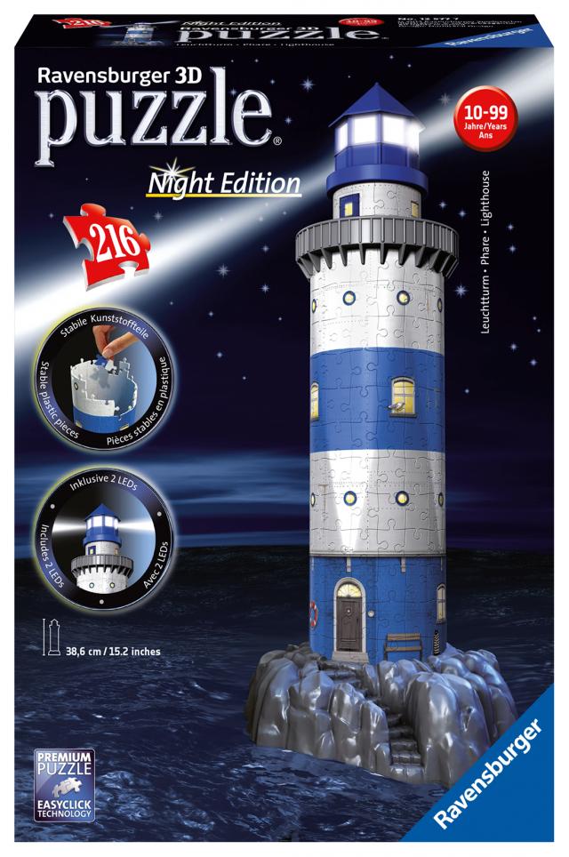 Ravensburger 3D Puzzle 12577 - Leuchtturm Night Edition - als dreidimensionales Modell mit LED Beleuchtung - Urlaubserinnerung oder Geschenkidee für Fans der Küstenschifffahrt ab 8 Jahren