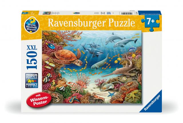 Ravensburger Kinderpuzzle 13411 - Meerestiere am Korallenriff - Wieso? Weshalb? Warum? Puzzle 150 Teile XXL + Wissensposter, für Kinder ab 7 Jahren