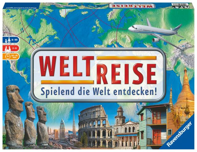 Ravensburger Familienspiel 26888 - Weltreise - Familienklassiker ab 8 Jahren - Gesellschaftsspiel, Reise einmal um die Welt, Brettspiel für bis zu 6 Spieler - über 170 Städte