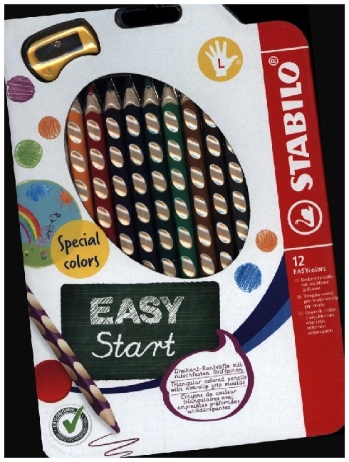 Ergonomischer Buntstift für Linkshänder - STABILO EASYcolors - 12er Pack mit Spitzer - mit 12 verschiedenen Farben - Spezialfarben