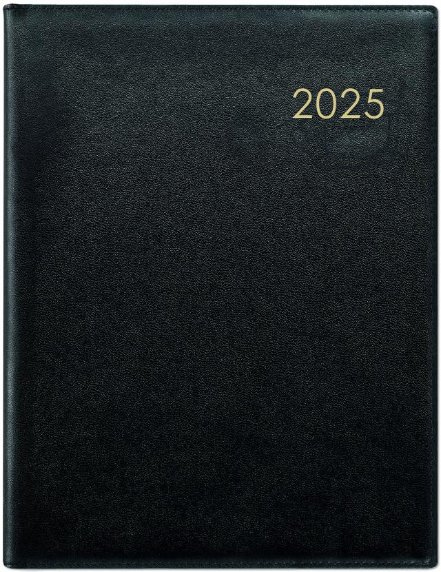Zettler - Wochenbuch Leder 2025 schwarz, 21x26,5cm, Taschenkalender mit 128 Seiten im wattiertem Einband, 1 Woche auf 2 Seiten, Fadensiegelung, Eckenperforation und internationales Kalendarium