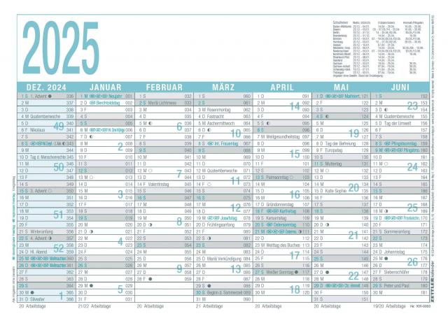 Zettler - Arbeitstagekalender 2025 grau/türkis, 29,7x21cm, Plakatkalender mit 6 Monaten auf 1 Seite, Mondphasen, Arbeitstage-, Tages- und Wochenzählung, Ferientermine und deutsches Kalendarium