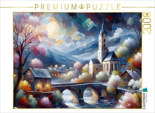 CALVENDO Puzzle Alte Dorfkirche am Abend, mit Fluss und Steinbrücke. | 2000 Teile Lege-Größe 90x67cm Foto-Puzzle für glückliche Stunden