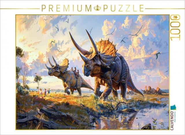 CALVENDO Puzzle Kinder spielen mit Triceratops Dinosauriern | 1000 Teile Lege-Größe 64x48cm Foto-Puzzle für glückliche Stunden