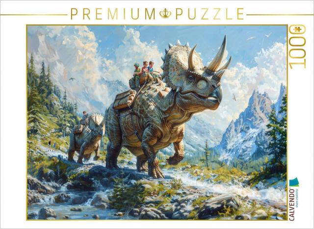 CALVENDO Puzzle Bergwanderung - Menschen mit Dinosaurier Triceratops | 1000 Teile Lege-Größe 64x48cm Foto-Puzzle für glückliche Stunden