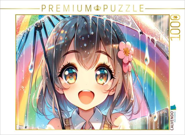 CALVENDO Puzzle Manga Mädchen - Regenbogenfreude unter Tropfen | 1000 Teile Lege-Größe 64x48cm Foto-Puzzle für glückliche Stunden