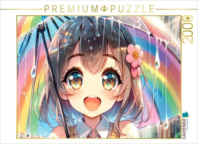 CALVENDO Puzzle Manga Mädchen - Regenbogenfreude unter Tropfen | 2000 Teile Lege-Größe 90x67cm Foto-Puzzle für glückliche Stunden