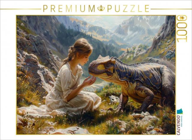 CALVENDO Puzzle Streicheleinheiten - junge Frau und Dinosaurier | 1000 Teile Lege-Größe 64x48cm Foto-Puzzle für glückliche Stunden