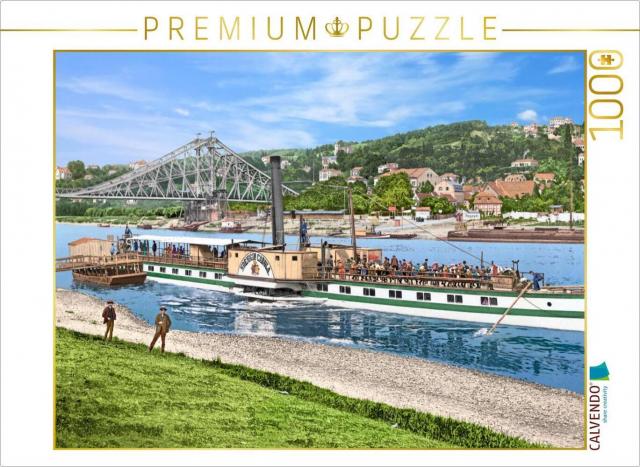 CALVENDO Puzzle Dresden - Raddampfer bei Blasewitz mit Blick auf Roschwitz um 1900 | 1000 Teile Lege-Größe 64x48cm Foto-Puzzle für glückliche Stunden