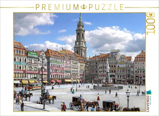 CALVENDO Puzzle Dresden - Kreuzkirche und Altmarkt um 1900 | 1000 Teile Lege-Größe 64x48cm Foto-Puzzle für glückliche Stunden