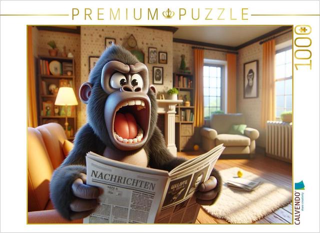 CALVENDO Puzzle Zeitungsfrust statt Morgenlektüre: Ein Gorilla und sein lauter Start in den Tag | 1000 Teile Lege-Größe 64x48cm Foto-Puzzle für glückliche Stunden