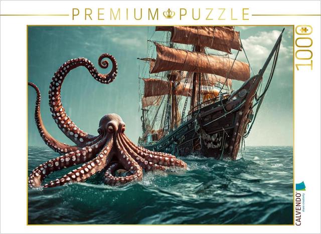 CALVENDO Puzzle Eine Riesenkrake bedroht ein Segelschiff | 1000 Teile Lege-Größe 64x48cm Foto-Puzzle für glückliche Stunden