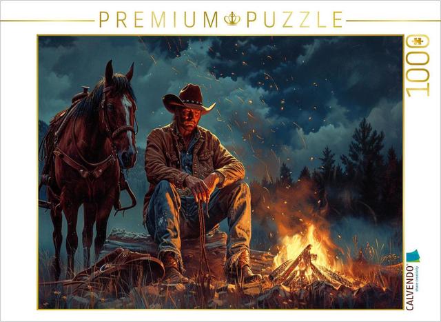 CALVENDO Puzzle Verdienter Feierabend - Cowboy und Pferd am Lagerfeuer | 1000 Teile Lege-Größe 64x48cm Foto-Puzzle für glückliche Stunden