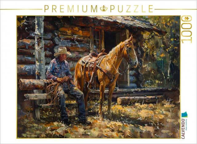 CALVENDO Puzzle Die Hütte im Wald - Cowboy und sein Pferd | 1000 Teile Lege-Größe 64x48cm Foto-Puzzle für glückliche Stunden