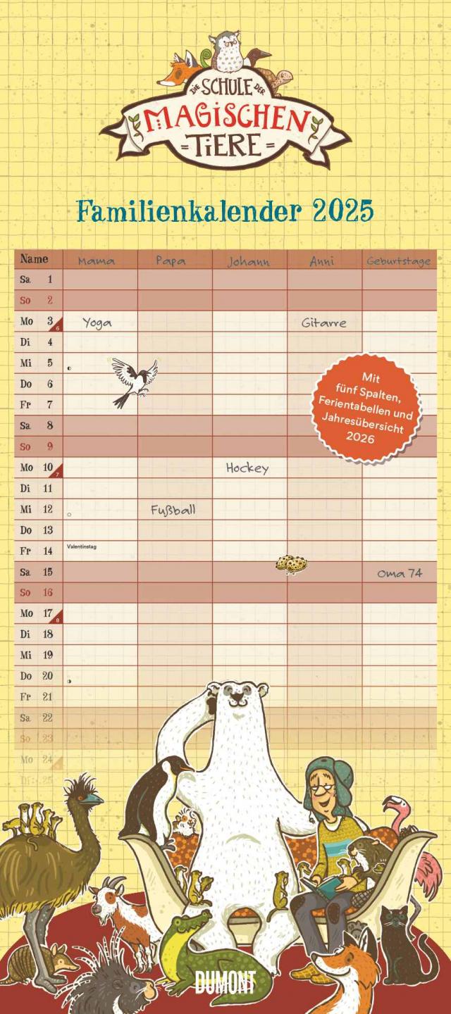 DUMONT - Schule der magischen Tiere 2025 Familienkalender, 22x49,5cm, Planer mit 5 Spalten für die ganze Familie, Jahresübersicht 2026 und Schulferientabelle, deutsches Kalendarium