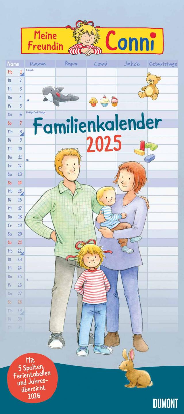 DUMONT - Conni 2025 Familienkalender, 22x49,5cm, Planer mit 5 Spalten für die ganze Familie, Jahresübersicht 2026 und Schulferientabelle, deutsches Kalendarium