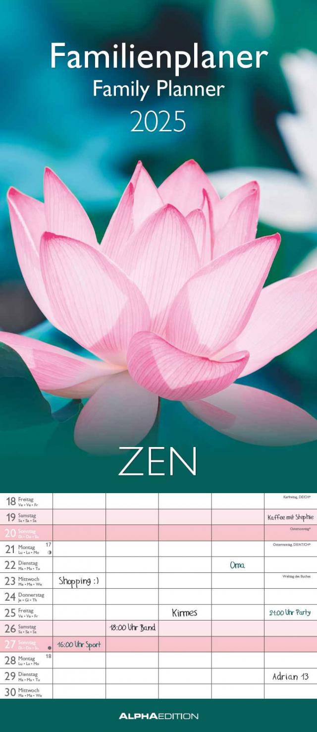 Alpha Edition - Familienplaner Zen 2025 Familienkalender, 19,5x45cm, Kalender mit 5 Spalten, viel Platz für Eintragungen, Mondphasen und Ferientermine DE/AT/CH