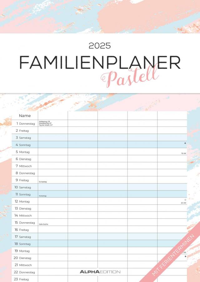 Alpha Edition - Familienplaner Pastell 2025 Familienkalender, 29,7x42cm, Kalender mit 5 Spalten, Ferienterminen, viel Platz für Notizen und bunten Illustrationen für jeden Monat