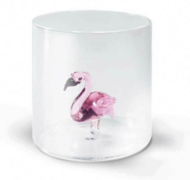 Becher aus Borosilikatglas. Fassungsvermögen 250 ml. Dekoration Flamingo