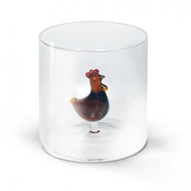 Bicchiere in vetro borosilicato. Capacità 250 ml. Decoro gallina