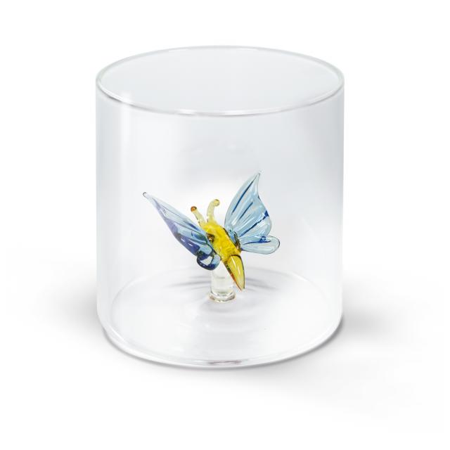 Bicchiere in vetro borosilicato. Capacità 250 ml. Decoro farfalla