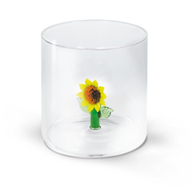 Becher aus Borosilikatglas. Fassungsvermögen 250 ml. Dekoration Sonnenblume