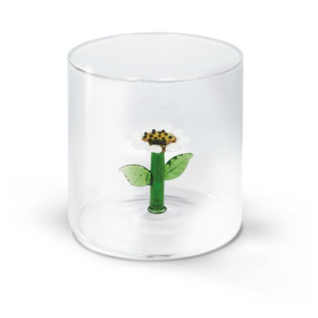 Becher aus Borosilikatglas. Fassungsvermögen 250 ml. Dekoration Gänseblümchen