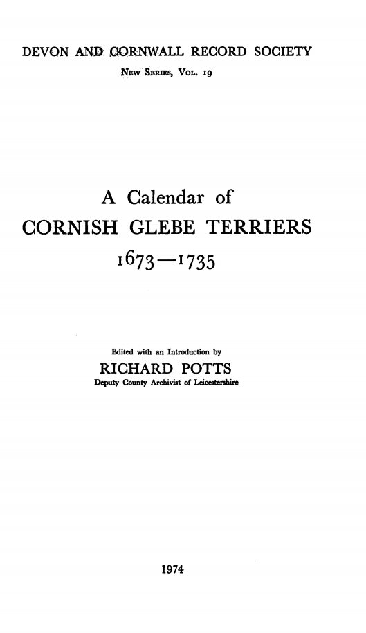 A Calendar of Cornish Glebe Terriers 1673-1735