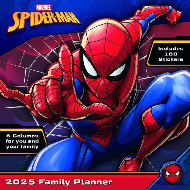 Pyramid – Spider-Man 2025 Familienplaner, 30x30cm, Monatskalender mit 6 Spalten für Termine & Events, Kalender mit Sticker Sheet, nachhaltig nur mit Papierumschlag