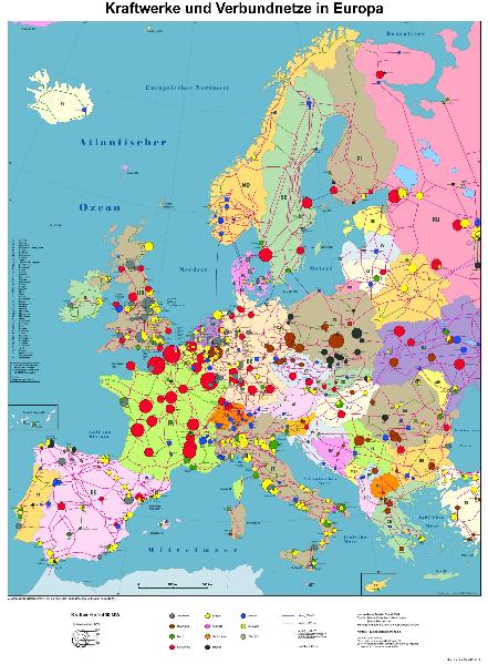 Kraftwerke und Verbundnetze in Europa.