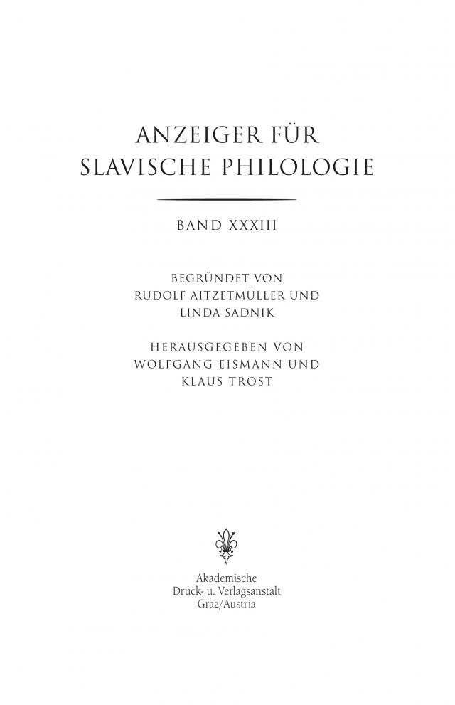 Anzeiger für Slavische Philologie / Anzeiger für Slavische Philologie