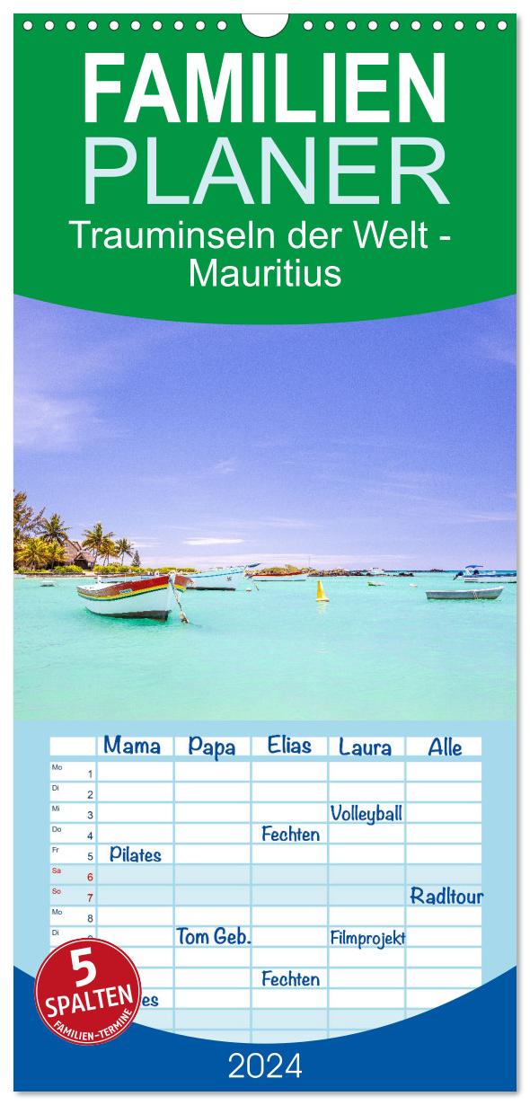 Familienplaner 2024 - Trauminseln der Welt - Mauritius mit 5 Spalten (Wandkalender, 21 x 45 cm) CALVENDO