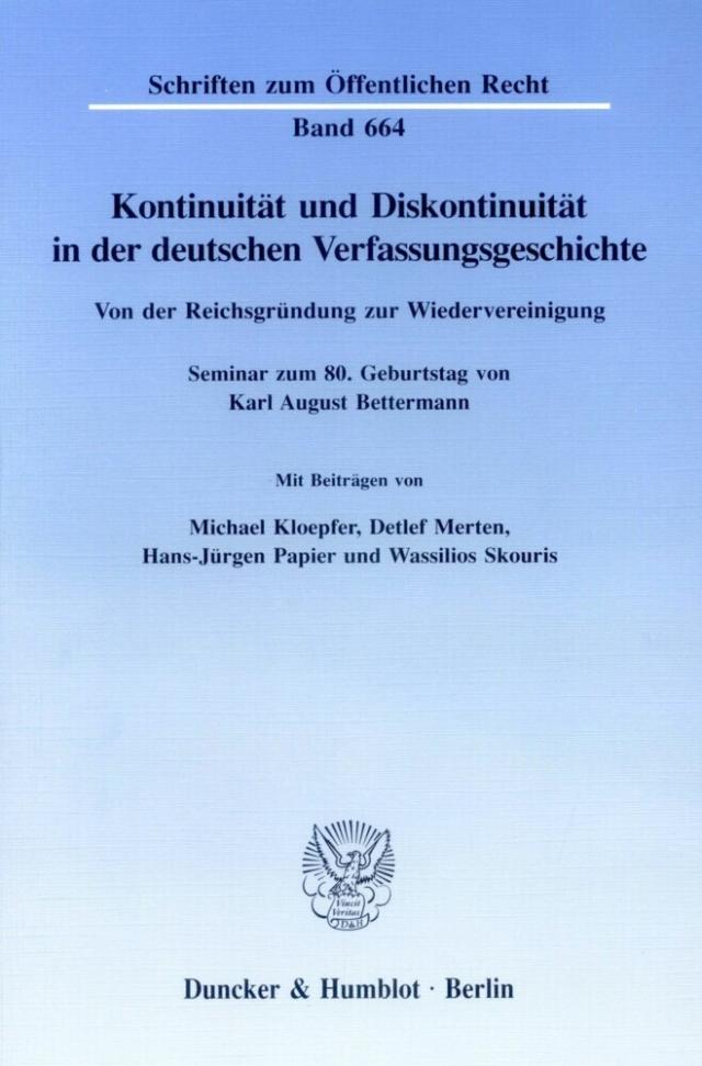 Kontinuität und Diskontinuität in der deutschen Verfassungsgeschichte.