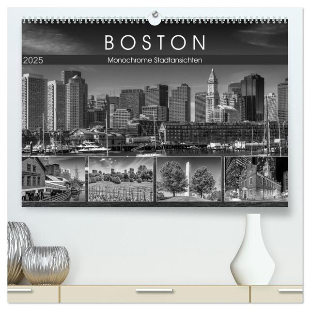 BOSTON Monochrome Stadtansichten (hochwertiger Premium Wandkalender 2025 DIN A2 quer), Kunstdruck in Hochglanz