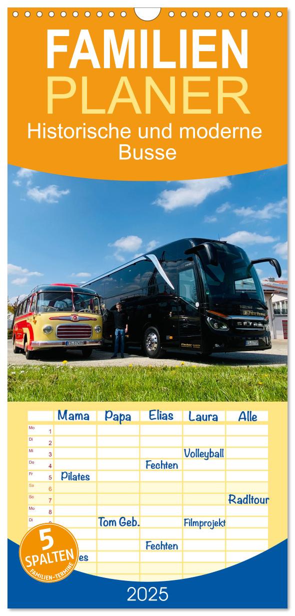 Familienplaner 2025 - Historische und moderne Busse mit 5 Spalten (Wandkalender, 21 x 45 cm) CALVENDO