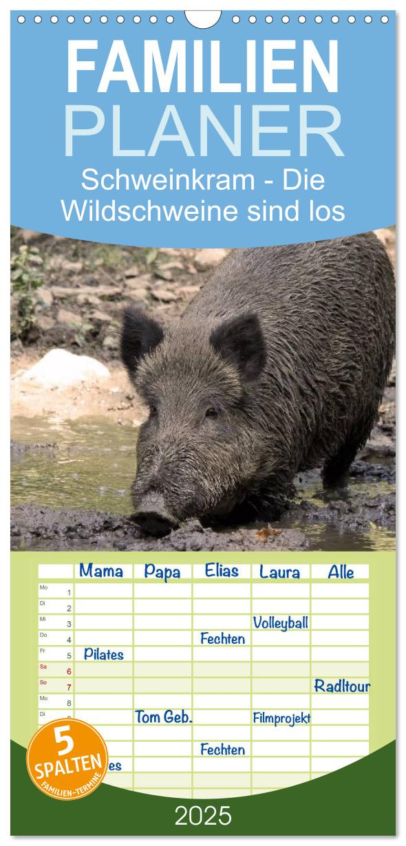 Familienplaner 2025 - Schweinkram - Die Wildschweine sind los mit 5 Spalten (Wandkalender, 21 x 45 cm) CALVENDO