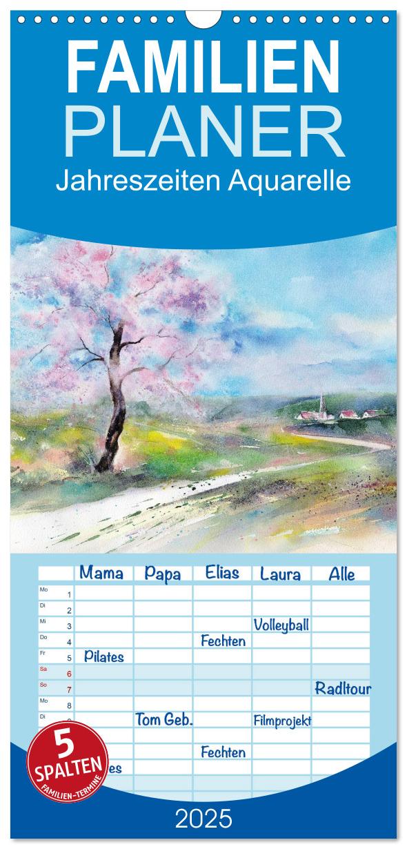 Familienplaner 2025 - Jahreszeiten Aquarelle mit 5 Spalten (Wandkalender, 21 x 45 cm) CALVENDO