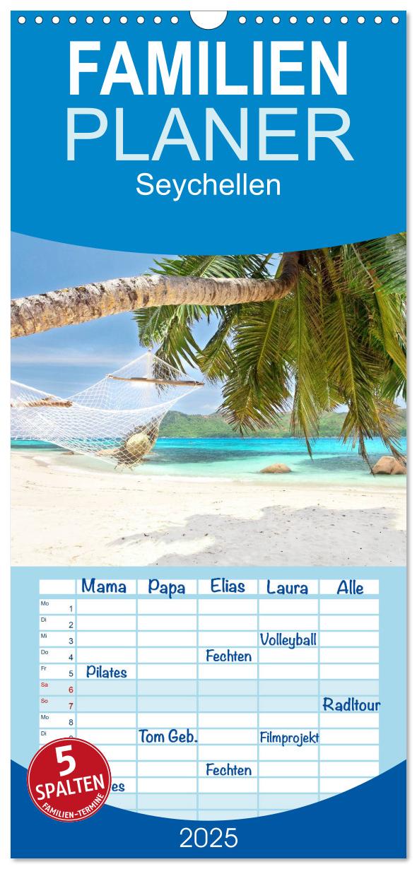 Familienplaner 2025 - Seychellen mit 5 Spalten (Wandkalender, 21 x 45 cm) CALVENDO