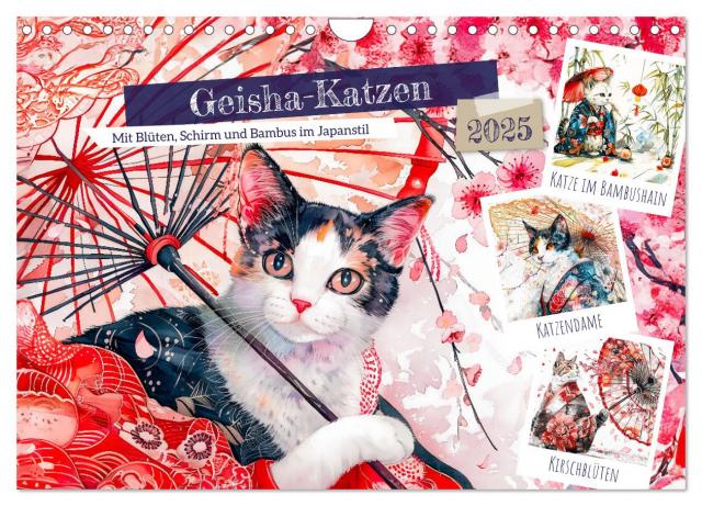Geisha-Katzen - Mit Blüten, Schirm und Bambus im Japanstil (Wandkalender 2025 DIN A4 quer), CALVENDO Monatskalender