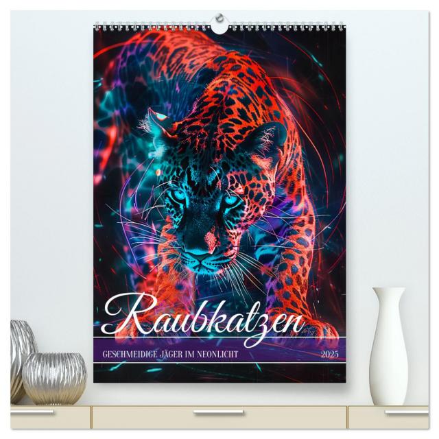 Raubkatzen - Geschmeidige Jäger im Neonlicht (hochwertiger Premium Wandkalender 2025 DIN A2 hoch), Kunstdruck in Hochglanz