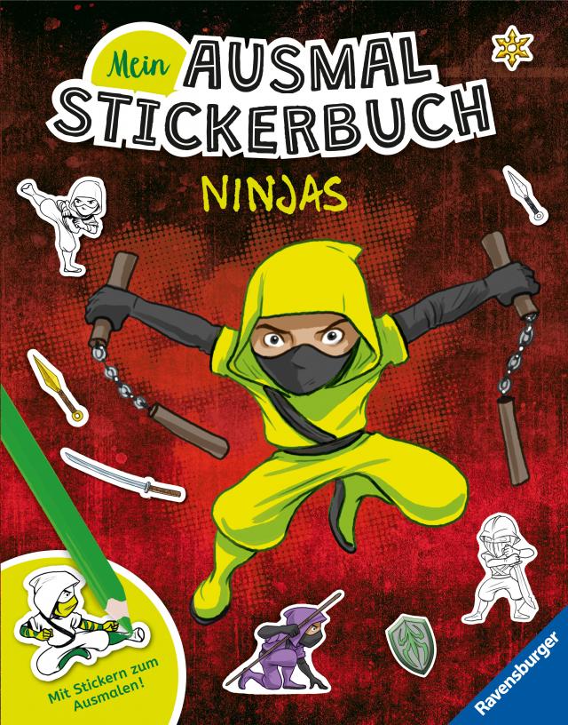 Ravensburger Mein Ausmalstickerbuch Ninjas - Großes Buch mit über 250 Stickern, viele Sticker zum Ausmalen