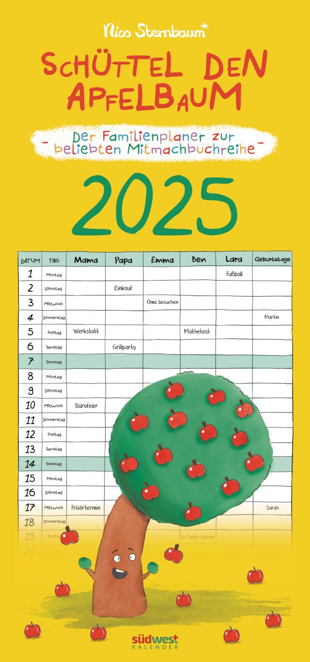 Schüttel den Apfelbaum - der Familienplaner zur beliebten Mitmachbuchreihe von Nico Sternbaum - Monats-Wandkalender 2025 zum Aufhängen, mit Spiralbindung, 22,4 x 48,5 cm